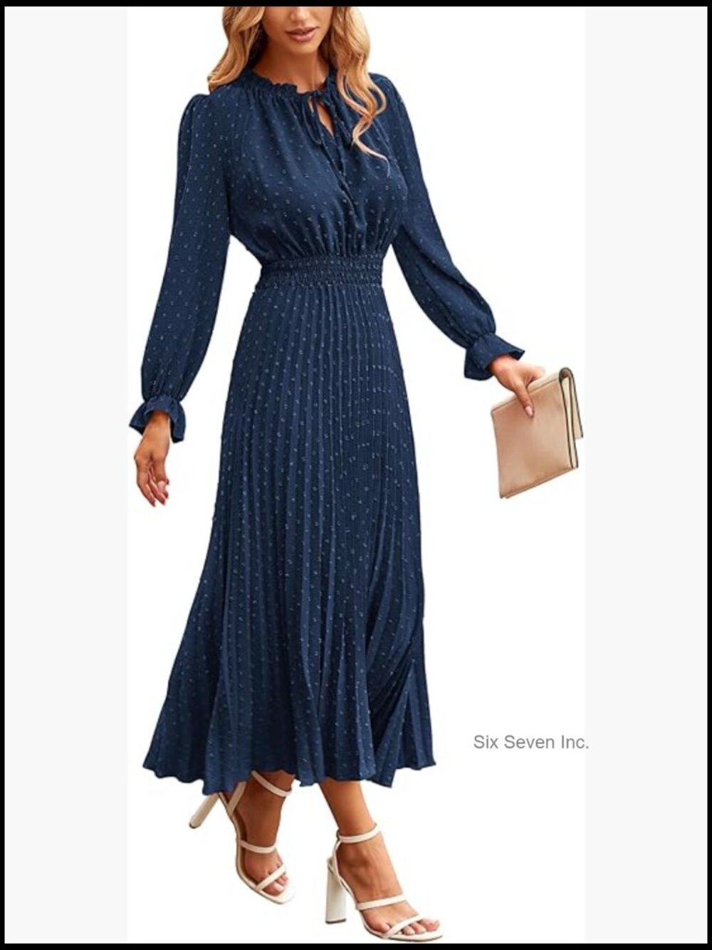 Long Sleeve V Neck Midi Dress Swiss Dot Pleated A Line Flowy